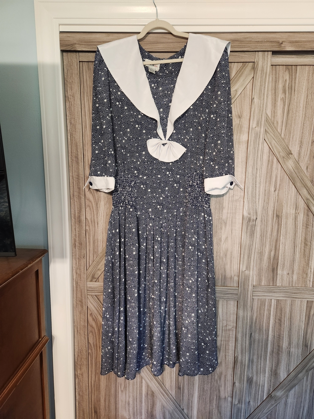 Navy w/ White Dots Print Long Sleeve Sailor-Collar Midi Dress